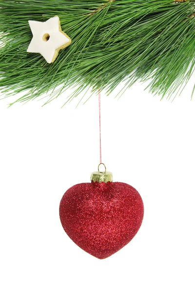 Christmas fir tree and red glitter bauble — Stock Photo, Image