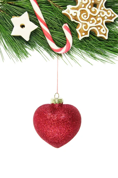 Fir julgran dekorerad wit sockerrör, snowlake och rött glitter — Stockfoto