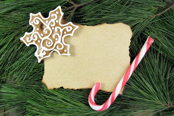 Cartão de Natal em branco no abeto com pão de gengibre caseiro e cana — Fotografia de Stock