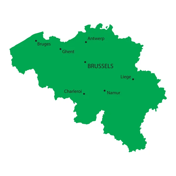 Mapa verde da Bélgica com indicação das grandes cidades — Vetor de Stock