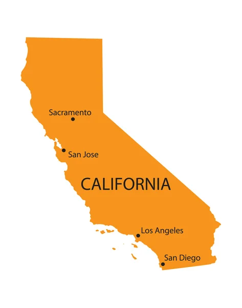 Mapa naranja de California con indicación de las ciudades más grandes — Vector de stock