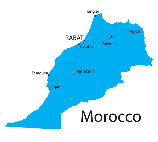 Blue map of Morocco with indication of biggest cities — Stock Vector