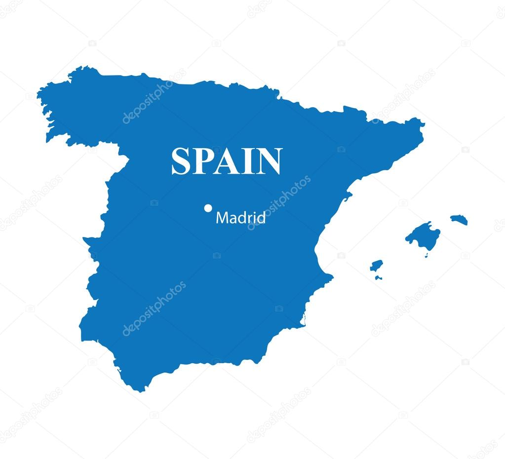 Blue map of Spain with indication of Madrid