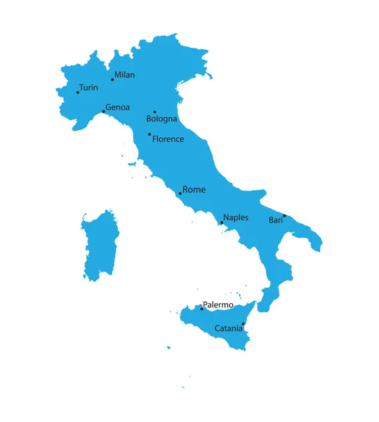 Blaue Karte von Italien mit Angabe der größten Städte — Stockvektor