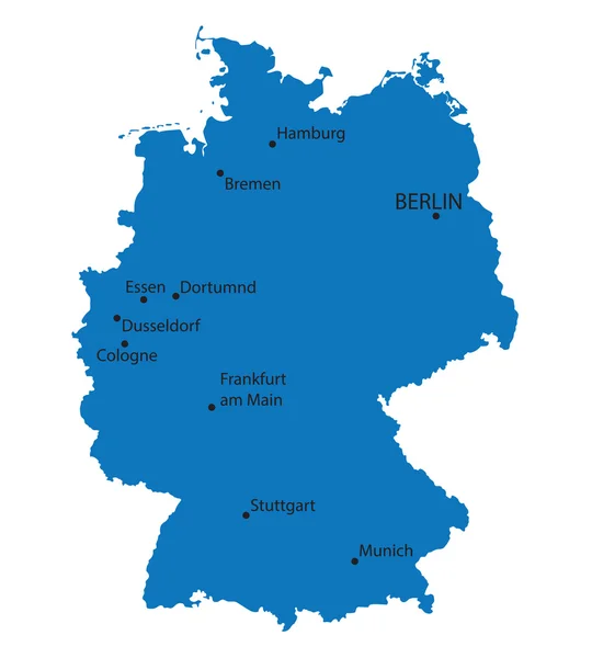 Mavi harita Almanya'nın en büyük şehirleri göstergesi ile — Stok Vektör