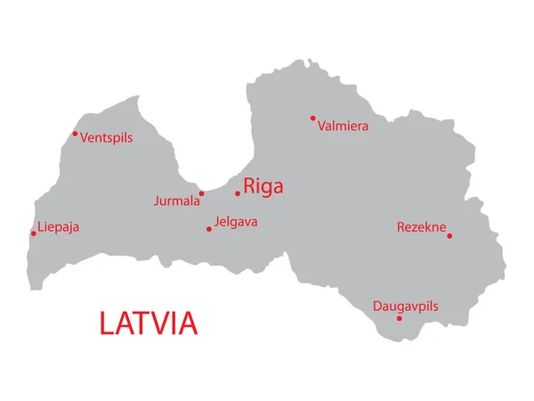 Grey map of Latvia with indication of largest cities — Stock Vector