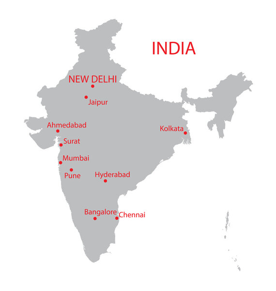 Grey map of India with indication of largest cities