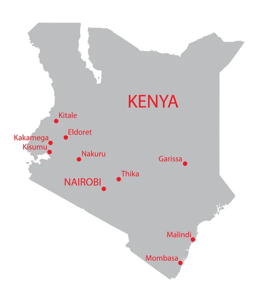 Mapa cinzento do Quênia com indicação de grandes cidades —  Vetores de Stock