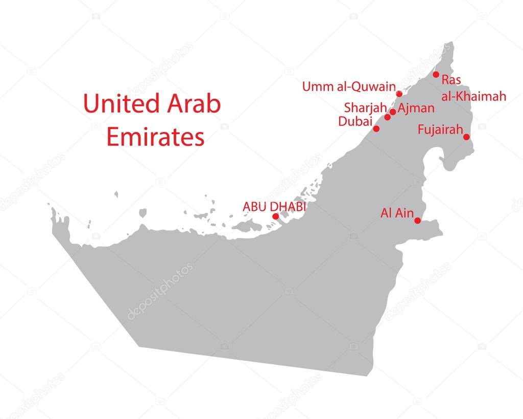Map of United Arab Emirates with indication of largest cities