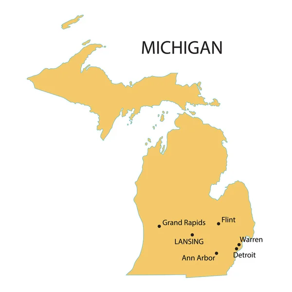 Mappa gialla del Michigan con indicazione delle città più grandi — Vettoriale Stock