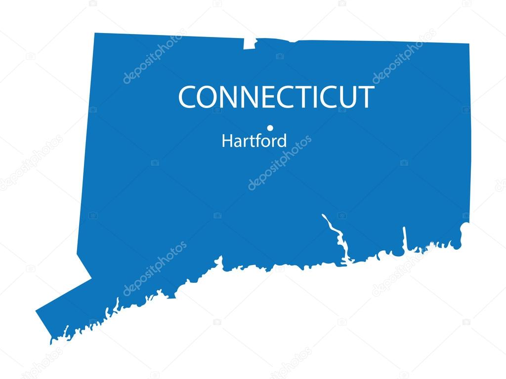 Blue map of Connecticut with indication of Hartford