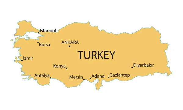 Mapa amarillo de Turquía con indicación de las ciudades más grandes — Vector de stock