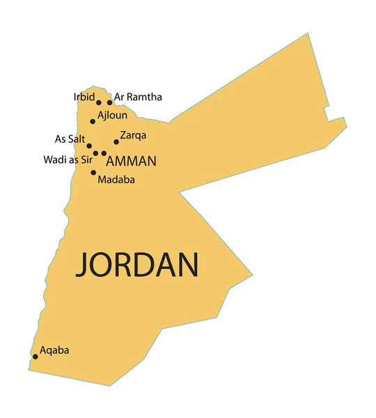 Mapa amarillo de Jordania con indicación de las ciudades más grandes — Archivo Imágenes Vectoriales