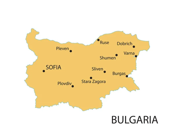 Mappa gialla della Bulgaria con indicazione delle città più grandi — Vettoriale Stock