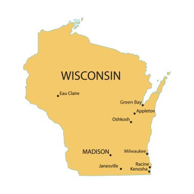 Yellow map of Wisconsin with indication of largest cities clipart