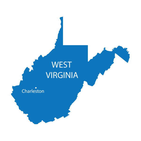 Blue map of West Virginia with indication of Charleston