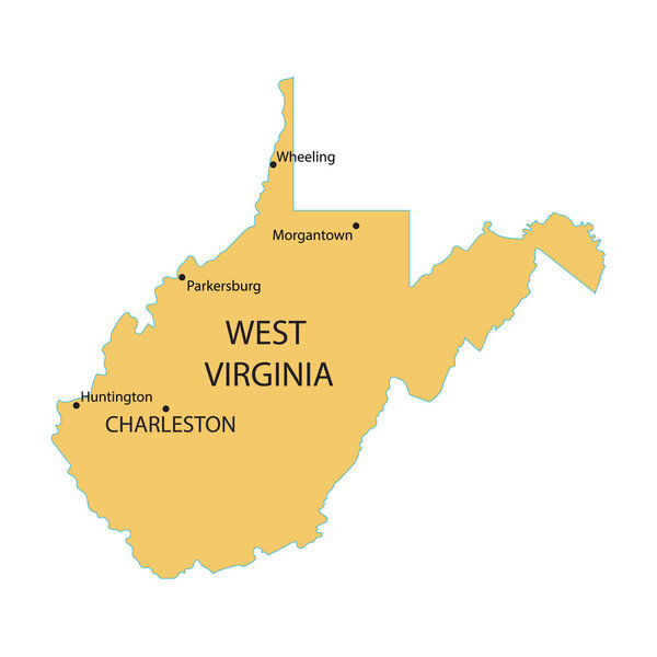 Yellow map of West Virginia with indication of largest cities
