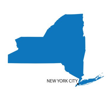 Blue map of New York with indication of New York City clipart