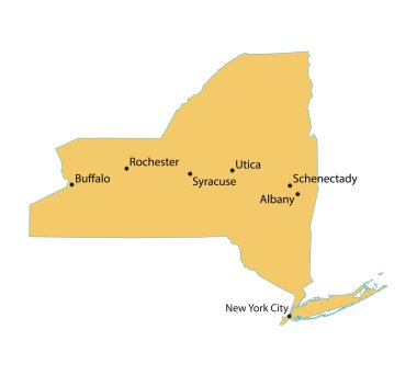 Yellow map of New York with indication of largest cities clipart
