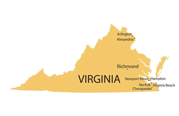 Virginia sarı harita göstergesi en büyük şehirler ile — Stok Vektör