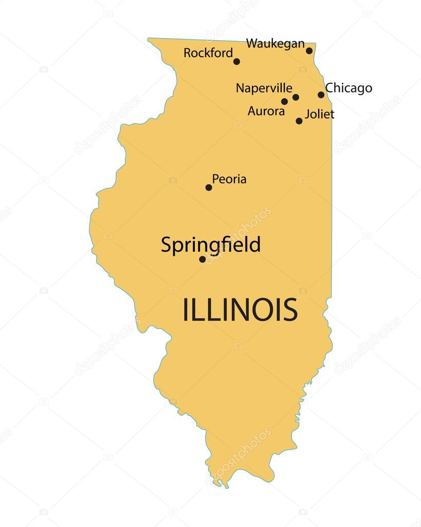 Yellow map of Illinois with indication of largest cities