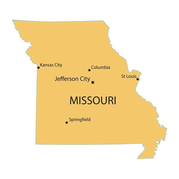 Mappa gialla del Missouri con indicazione delle città più grandi — Vettoriale Stock