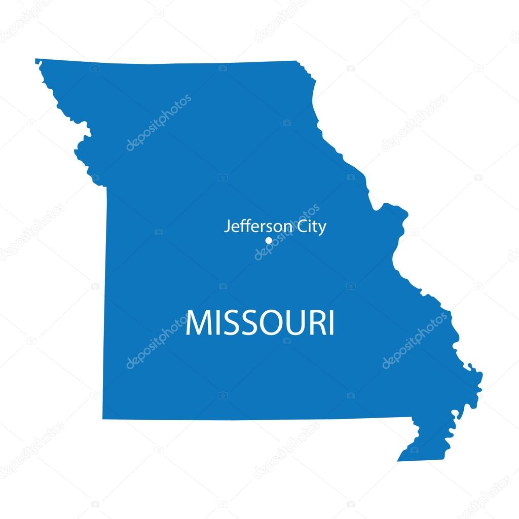 Blue map of Missouri with indication of Jefferson City