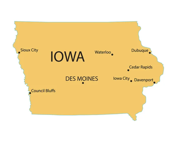 Carte jaune de l'Iowa avec indication des plus grandes villes — Image vectorielle
