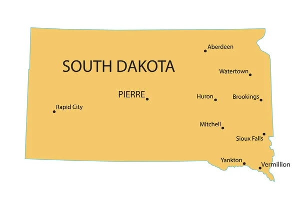Gelbe Karte von South Dakota mit Angabe der größten Städte — Stockvektor