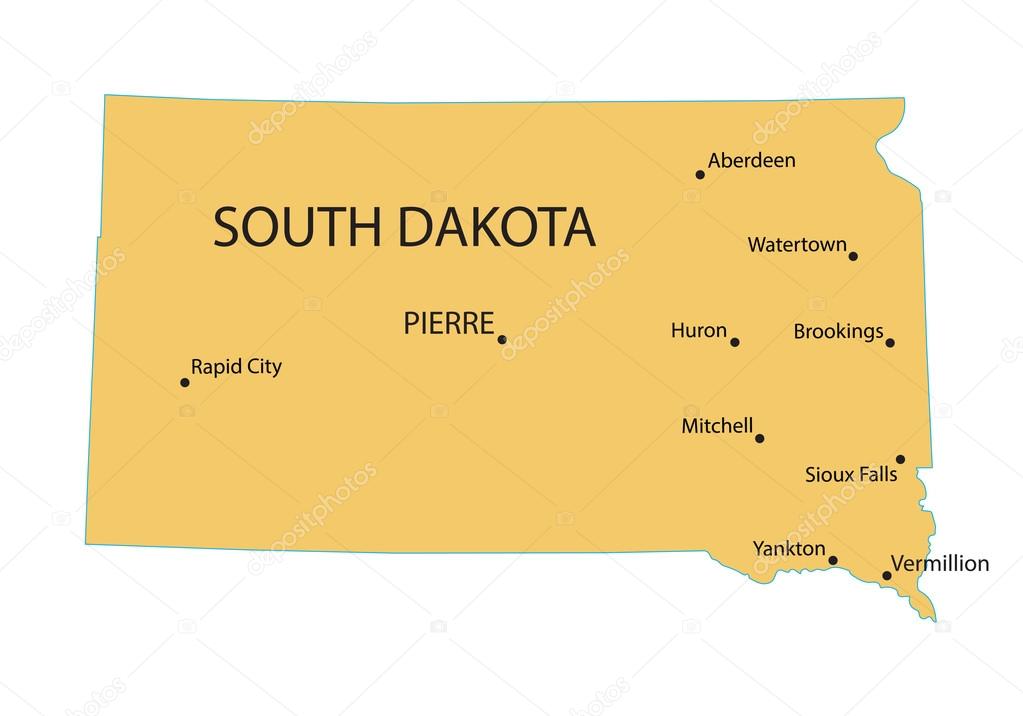 Yellow map of South Dakota with indication of largest cities