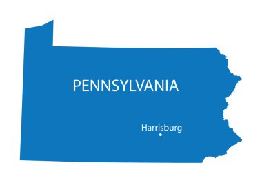 Blue map of Pennsylvania with indication of Harrisburg clipart