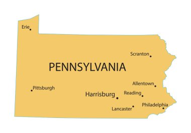 Pennsylvania sarı harita göstergesi en büyük şehirler ile