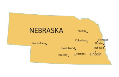 Nebraska sarı harita göstergesi en büyük şehirler ile