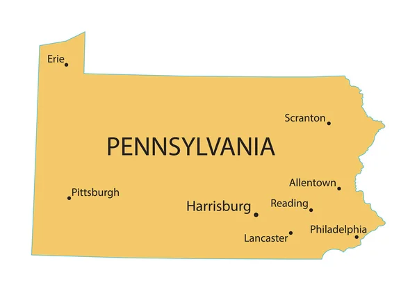 Κίτρινο χάρτη της Πενσυλβανίας, με ένδειξη της μεγαλύτερες πόλεις — Διανυσματικό Αρχείο