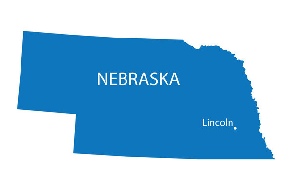 Blue map of Nebraska with indication of Lincoln