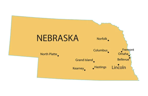 Carte jaune du Nebraska avec indication des plus grandes villes — Image vectorielle