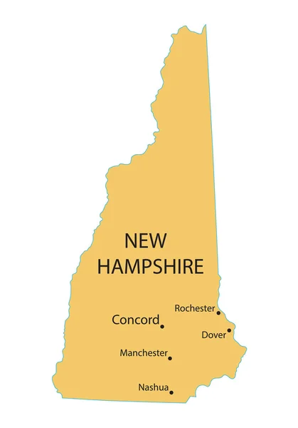 Yellow map of New Hampshire with indication of largest cities — Stock Vector