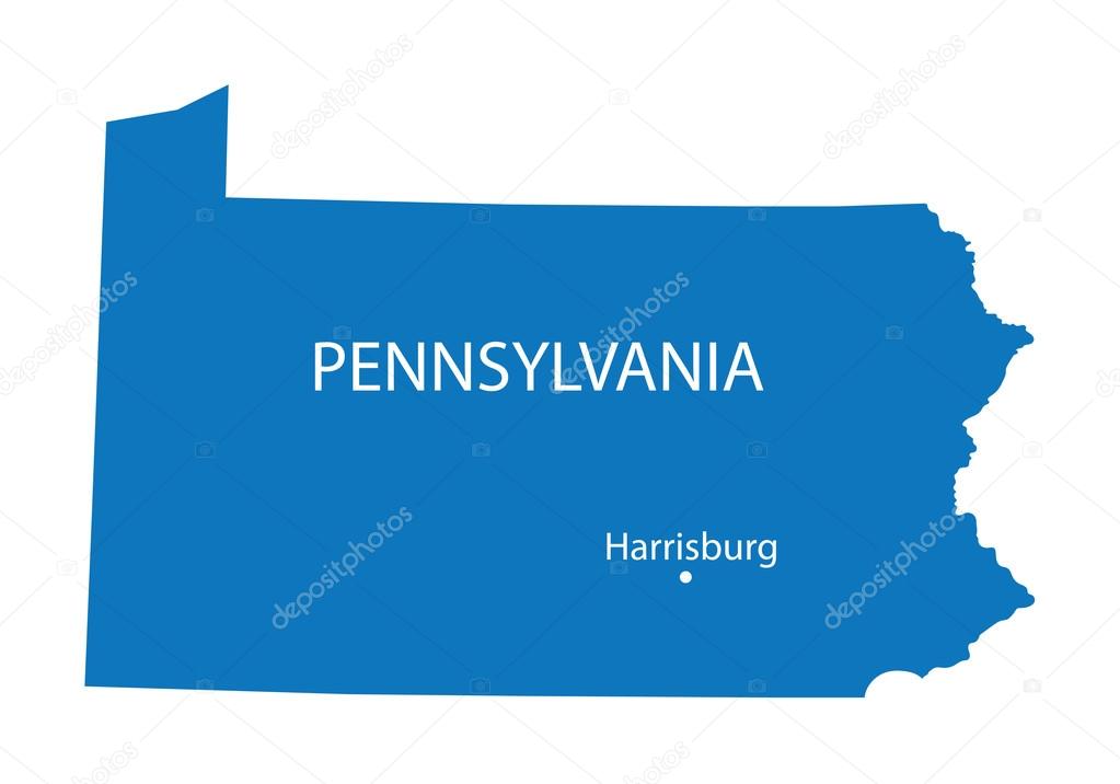 Blue map of Pennsylvania with indication of Harrisburg