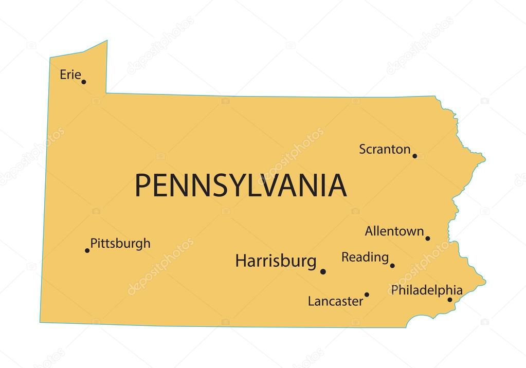 Yellow map of Pennsylvania with indication of largest cities