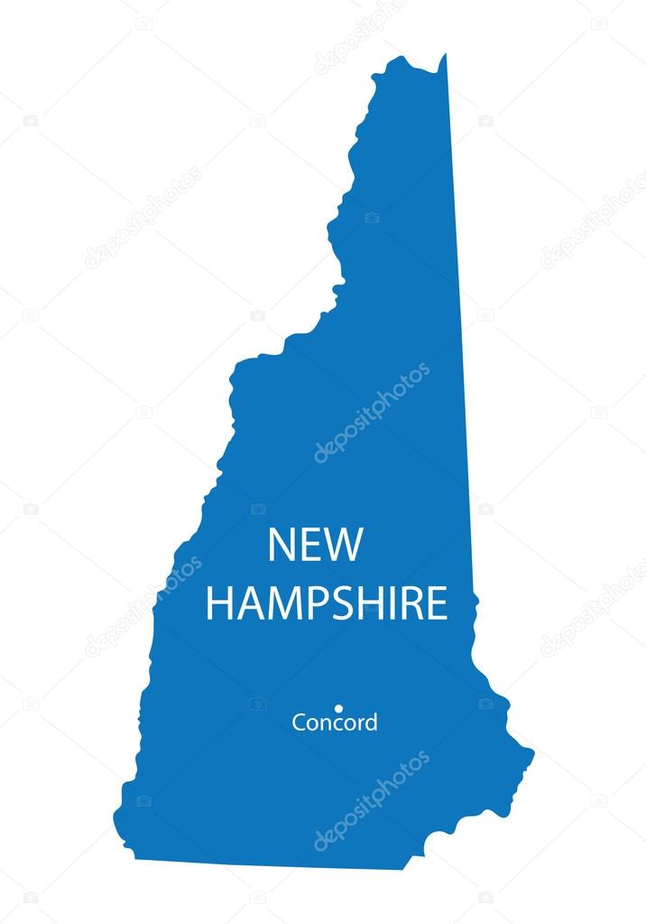 Blue map of New Hampshire with indication of Concord