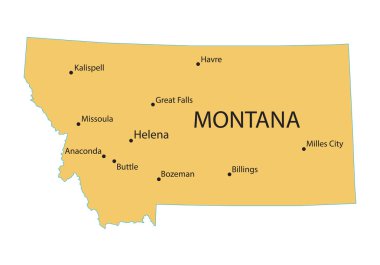 Yellow map of Montana with indication of largest cities clipart