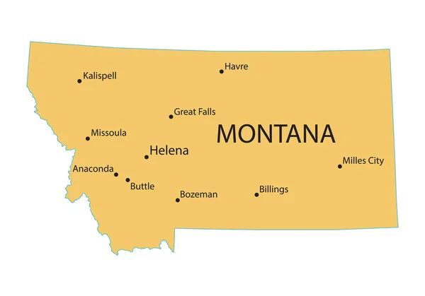Yellow map of Montana with indication of largest cities — Stock Vector