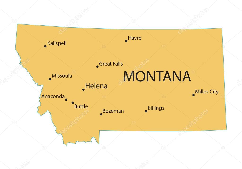 Yellow map of Montana with indication of largest cities