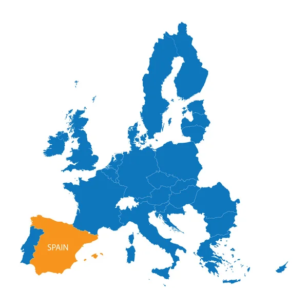 Blue map of European Union with indication of Spain — Stock Vector