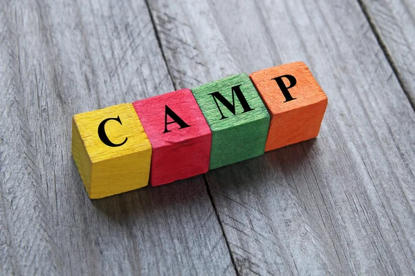 Word camp on colorful wooden cubes — Stockfoto