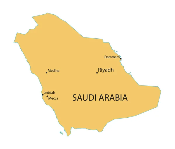 Mapa amarelo da Arábia Saudita com indicação das maiores cidades —  Vetores de Stock