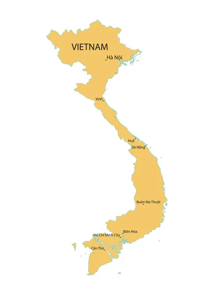 Mapa vectorial amarillo de Vietnam con indicación de ciudades más grandes — Archivo Imágenes Vectoriales