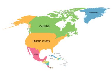 Kuzey Amerika renkli Haritası ile tüm ülkelerin isimleri