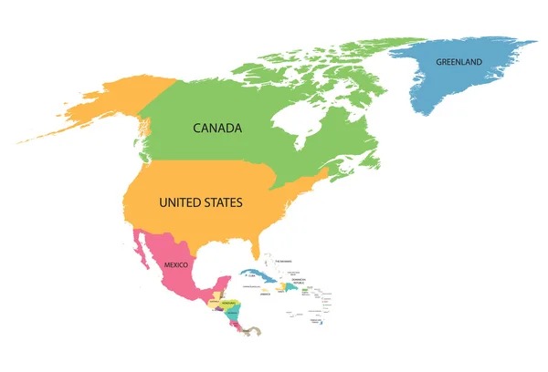Mapa colorido da América do Norte com nomes de todos os países —  Vetores de Stock