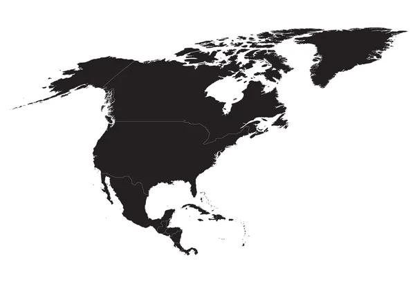 Mapa negro da América do Norte com fronteiras de todos os países —  Vetores de Stock